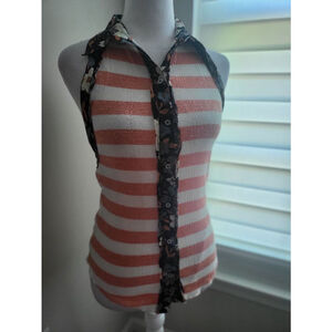 Free People Sleeveless Tunic Button Up Top Floral and Striped Boho Stretch